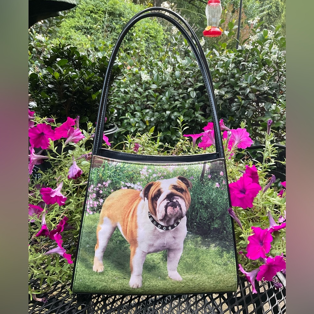 Adorable Bulldog Rhinestone Bling Collar Double Handle Silver Hardware Bag!